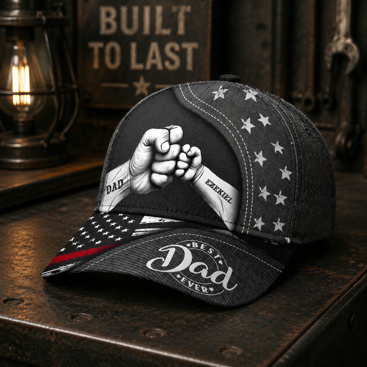 Personalized Best Dad Ever Hat – Custom Dad Fist Bump Design with Kids' Names, Patriotic American Flag