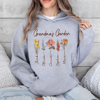 Grandma's Garden Sweatshirt, Custom Birthflower Sweatshirt, Gift for Grandma, Love Grows Here, Mom's Garden