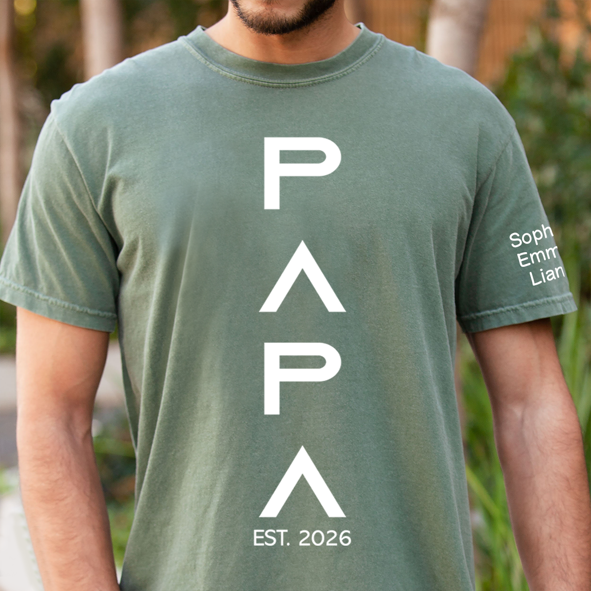 Personalized Papa Shirt with Kids Names on Sleeve, Minimalist Vertical Papa Design Tee, Custom Grandpa Family T Shirt, Gift for Father Day Birthday