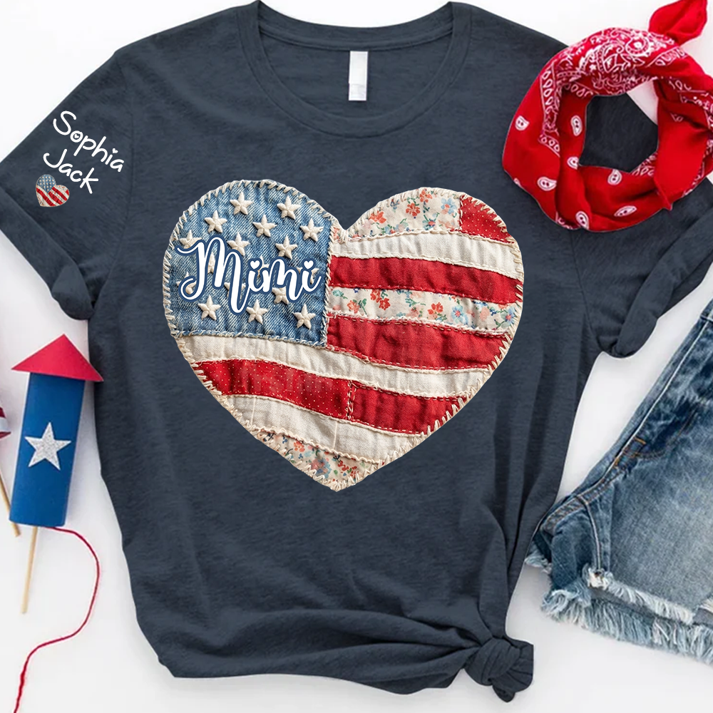 Personalized Patriotic Grandma Heart Shirt, Custom Mimi Nana Gigi Floral Flag Tee with Kids Names Sleeve, American Flag Patchwork 4th of July Gift for Grandma Mothers Day Birthday Shirt