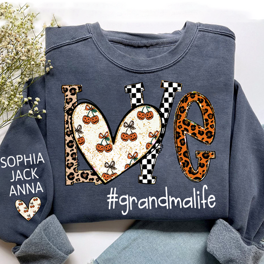 Love grandmalife Pumpkin Leopard Gift For Grandma And Grandkids Names on Sleeve Sweatshirt