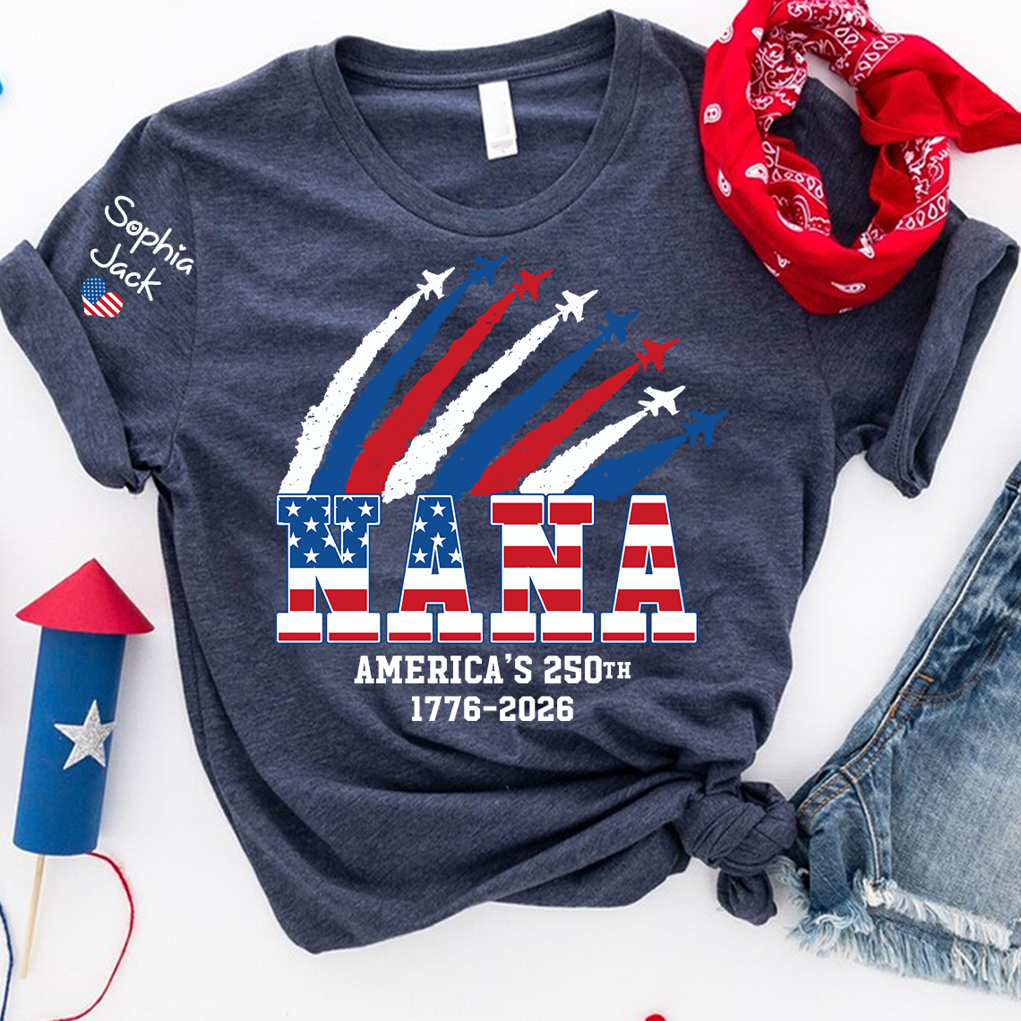Personalized Nana America’s 250th Anniversary Shirt, Custom Grandma Mimi Gigi Patriotic T Shirt, 4th of July Family Independence Day Apparel