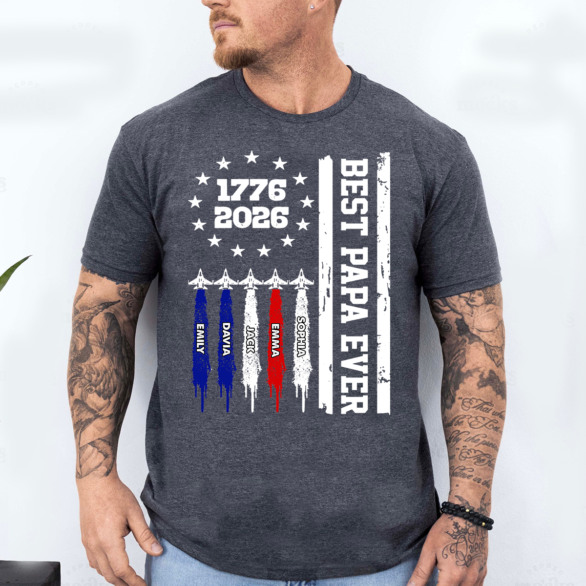 Personalized Best Papa Ever Shirt, Custom Family Names Patriotic, America 250th Anniversary 1776-2026 Gift for Dad Grandpa
