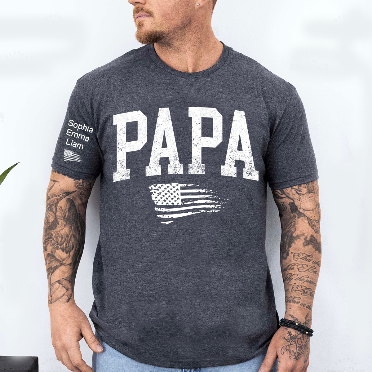 Personalized Papa Shirt with Grandkids Names, Patriotic Flag Custom Sleeve Tee, Fathers Day Birthday Gift for Grandpa