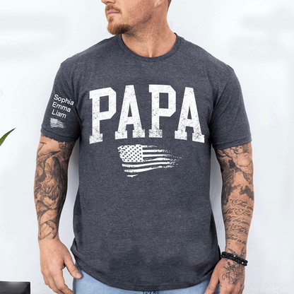 Personalized Papa Shirt with Grandkids Names, Patriotic Flag Custom Sleeve Tee, Fathers Day Birthday Gift for Grandpa