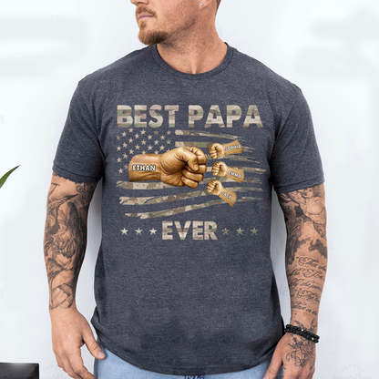 Personalized Best Papa Ever Shirt, Custom Fist Bump Family Names Tee for Papa Grandpa Dad, Patriotic American Flag Fathers Day Shirt