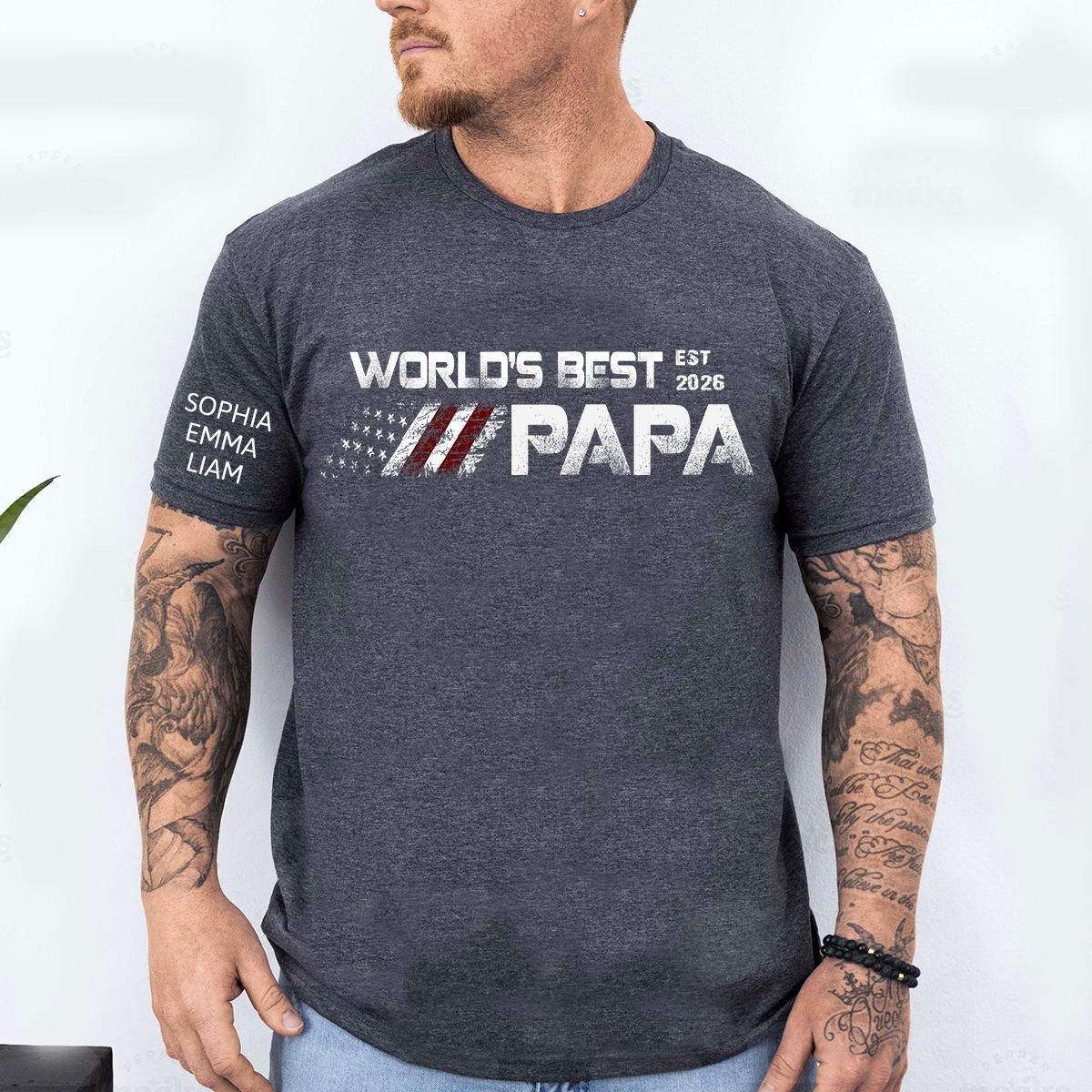 Personalized World’s Best Papa Shirt Custom Kids Names on Sleeve, Patriotic American Flag Grandpa T Shirt, Fathers Day Birthday Gift for Papa Dad Grandpa