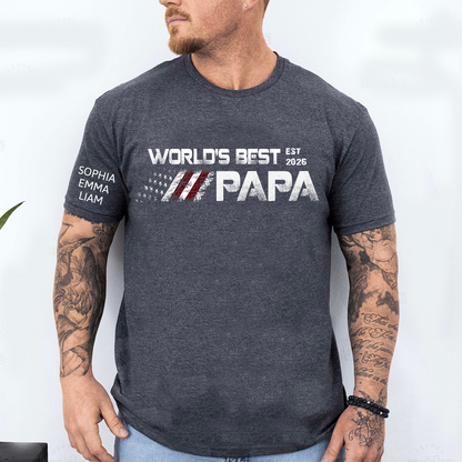Personalized World’s Best Papa Shirt Custom Kids Names on Sleeve, Patriotic American Flag Grandpa T Shirt, Fathers Day Birthday Gift for Papa Dad Grandpa