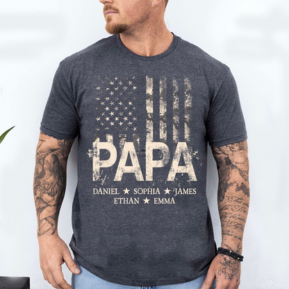Personalized Papa American Flag Shirt, Custom Kids Names Patriotic T Shirt for Dad Grandpa, U.S. 250th Anniversary 4th of July Birthday Gift