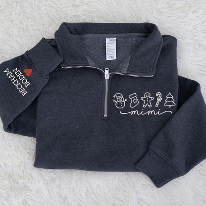 Custom Embroidered Mimi Merry Christmas Design, Gingerbread Sweatshirt And Grandkids Quarter Zip Sweater