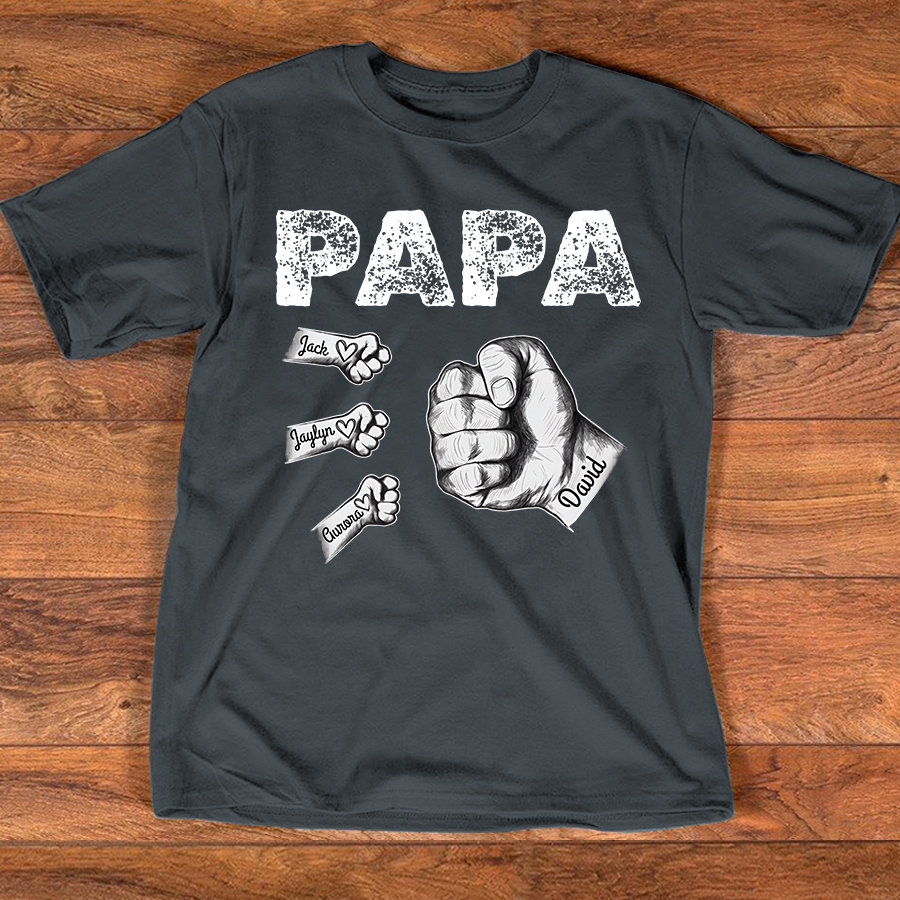 Personalized Papa Fist Bump Shirt with Kids Names, Custom Family Nickname T-Shirt for Dad Fathers Day Birthday 4th of July