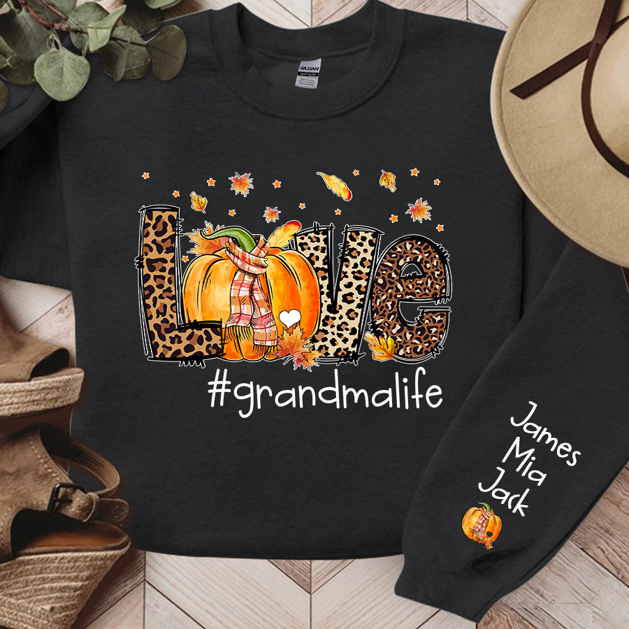 Love Grandma Life Leopard Fall Thanksgiving Halloween Leaves Cute Pumpkin Sweatshirt