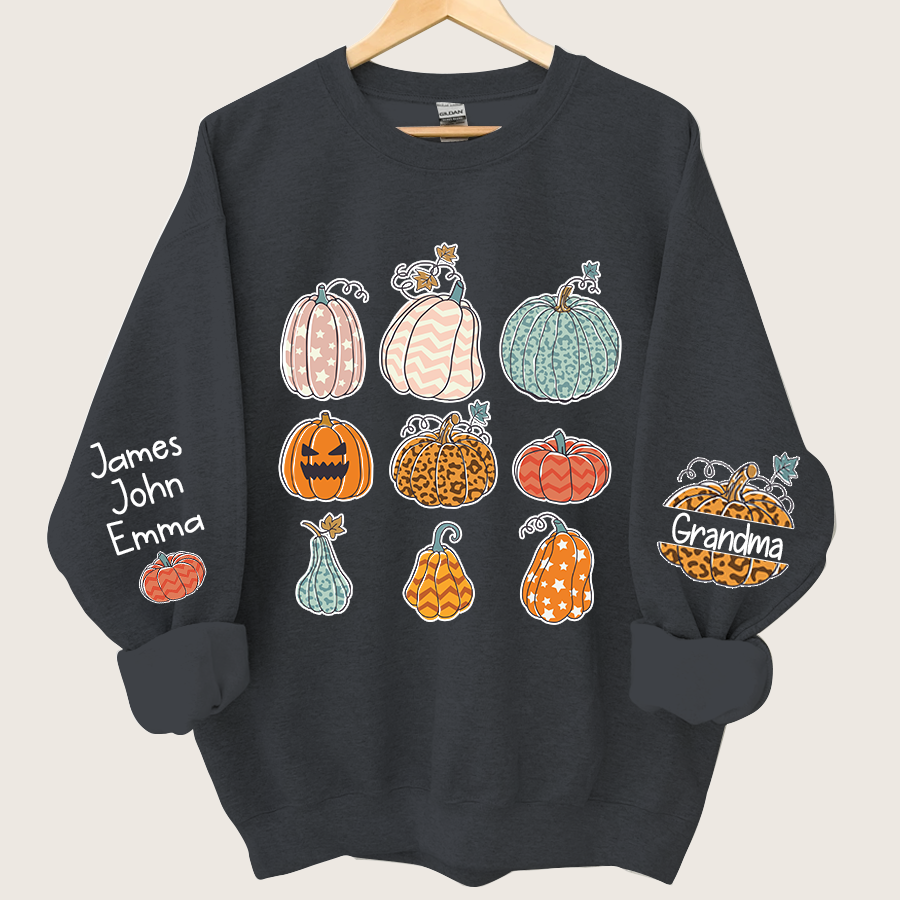 Personalized Grandma Pumpkin Varieties And Grandkids Names Sweatshirt