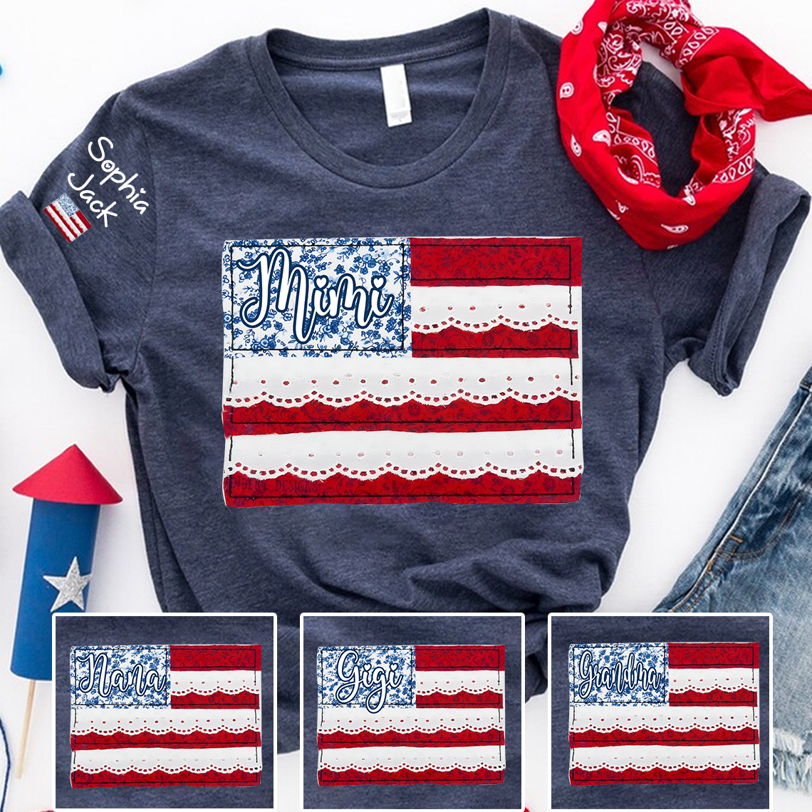 Personalized Mimi Patchwork USA Flag Shirt with Lace Details, Custom Family Name, 4th of July Independence Day T-shirt