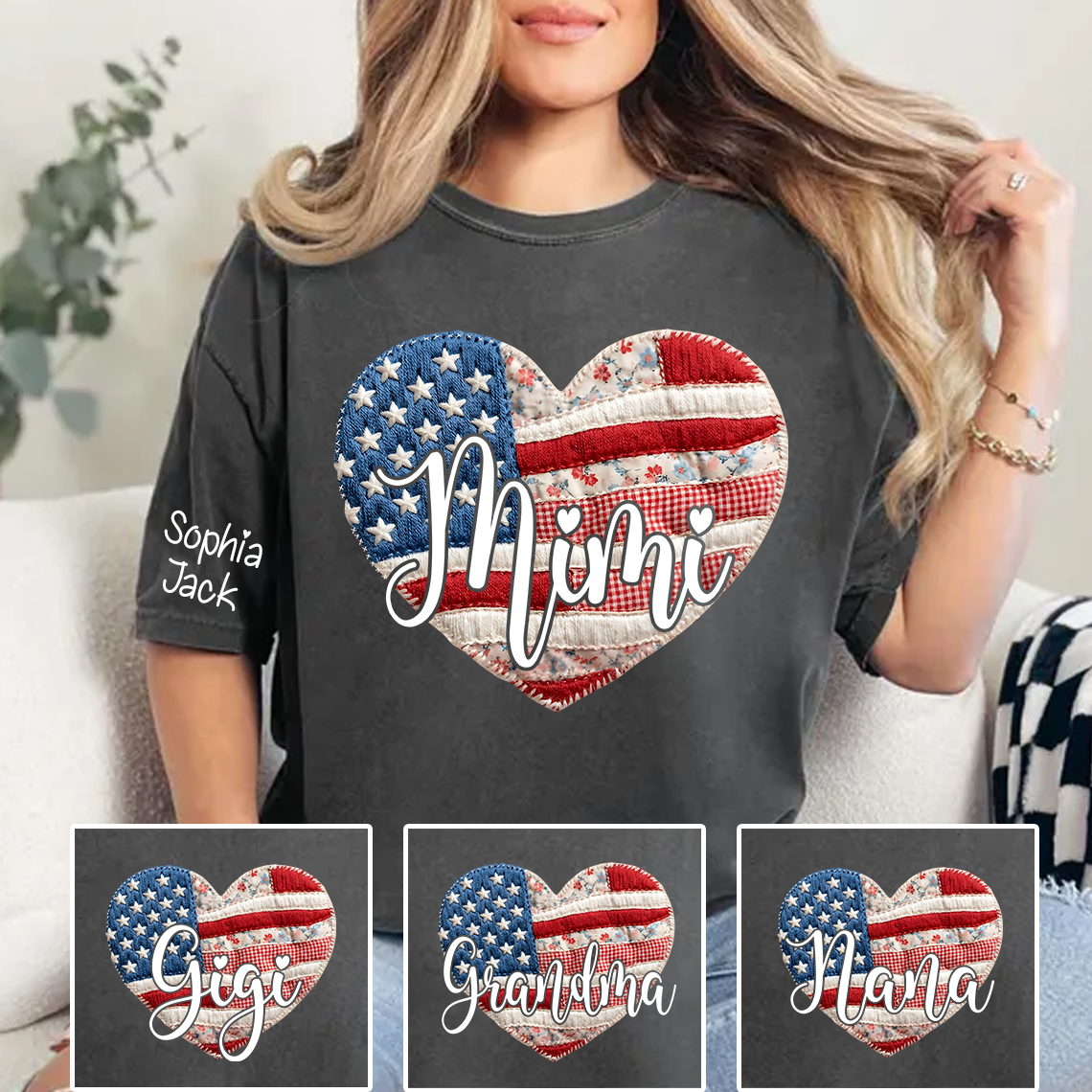 Custom Heart Flag T-Shirt, Personalized American Flag Design for Mimi, Gigi, Grandma, Nana, Patriotic Shirt for Mother's Day, Independence Day, and Birthday Gifts