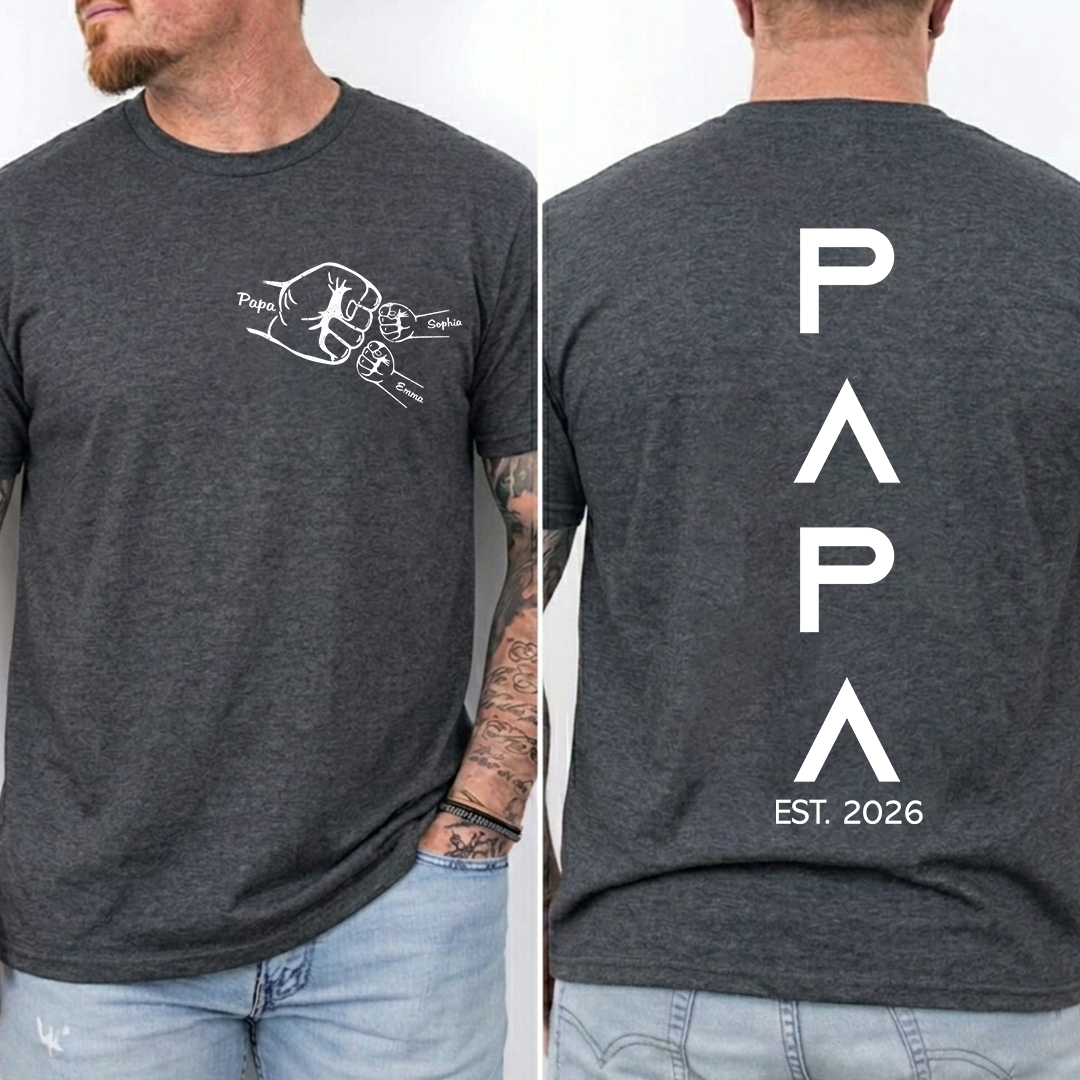 Personalized Papa Fist Bump Shirt with Kids Names, Custom Grandpa Back Print Shirt, Minimalist Papa Year Family Shirt for Fathers Day Birthday Gift