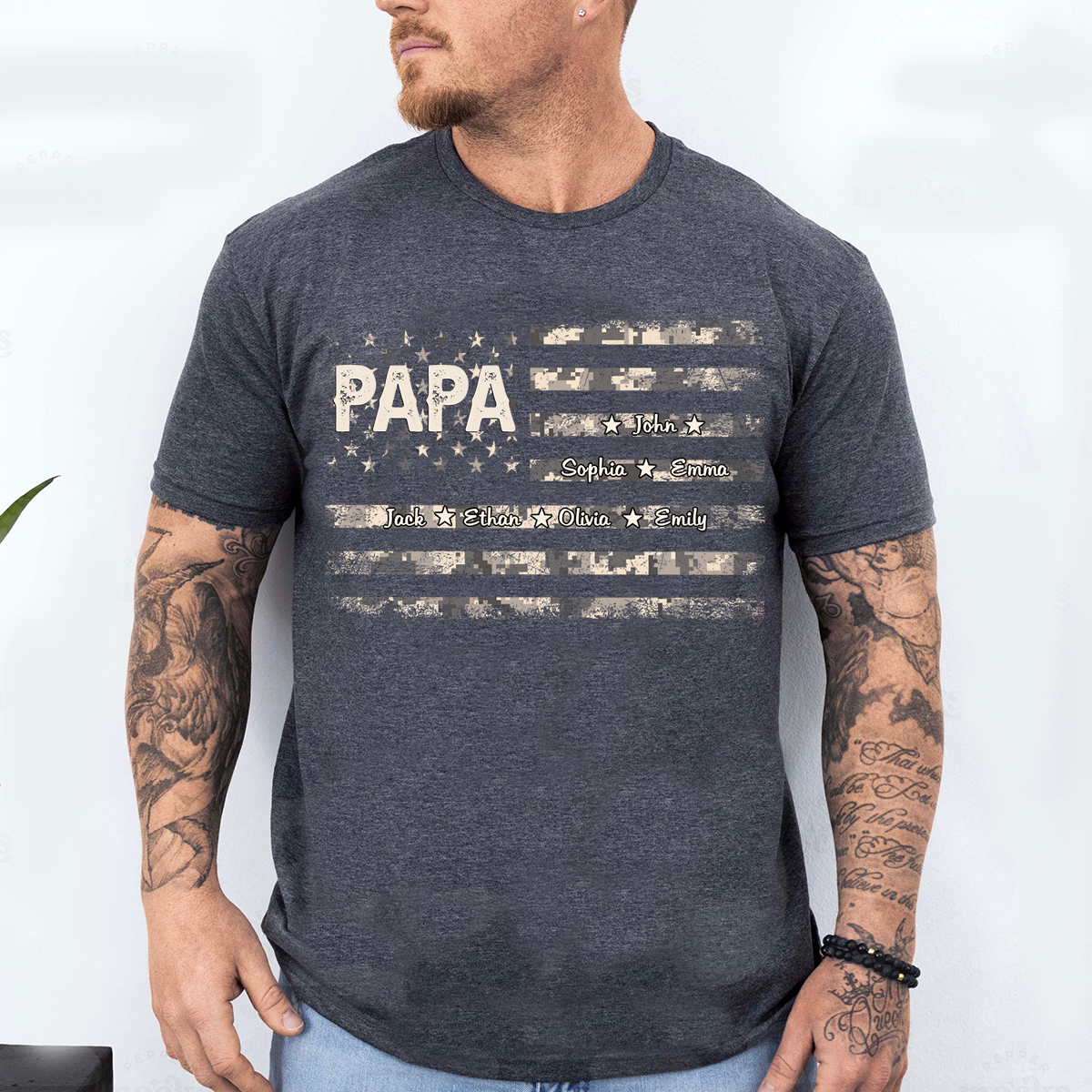 Personalized Papa American Flag Shirt with Kids Names, Custom Grandpa Patriotic Family Shirt, Vintage USA Flag Papa Grandpa Shirt for Fathers Day Birthday Gift