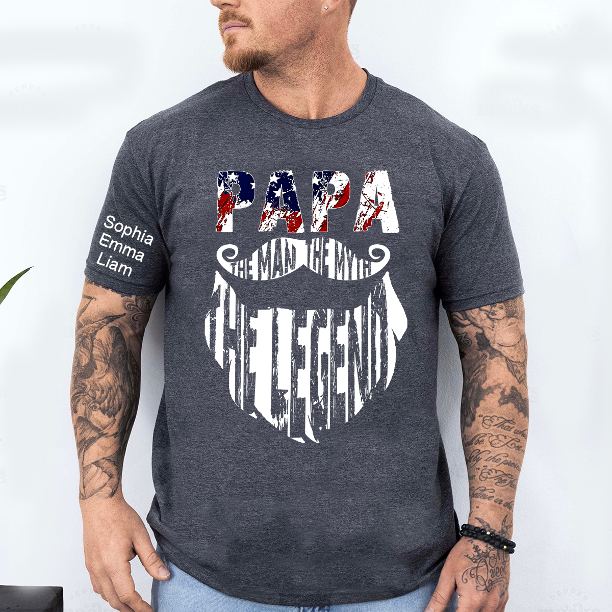 Papa The Man The Legend Shirt, Personalized Dad Grandpa Tee with Kids Names, Patriotic USA Flag Design T-Shirt for Father Birthday 4th of July