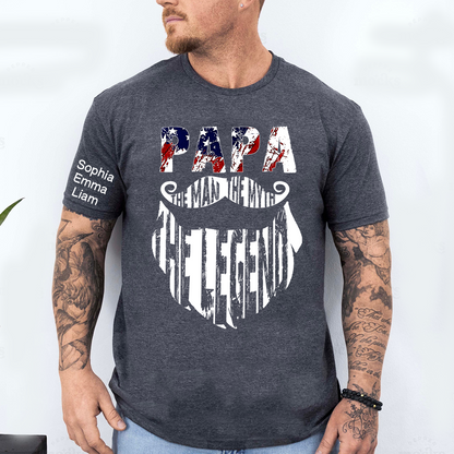 Papa The Man The Legend Shirt, Personalized Dad Grandpa Tee with Kids Names, Patriotic USA Flag Design T-Shirt for Father Birthday 4th of July