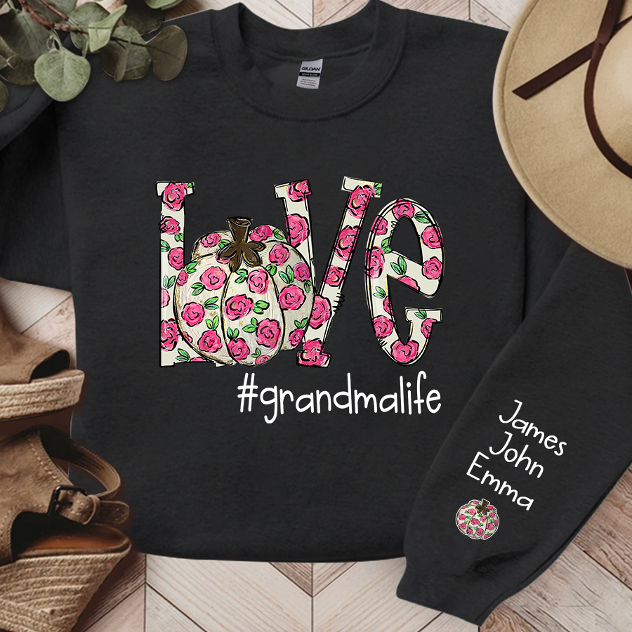 Personalized Love Pumpkin Flower Grandmalife And Grandkids Names Sweatshirt