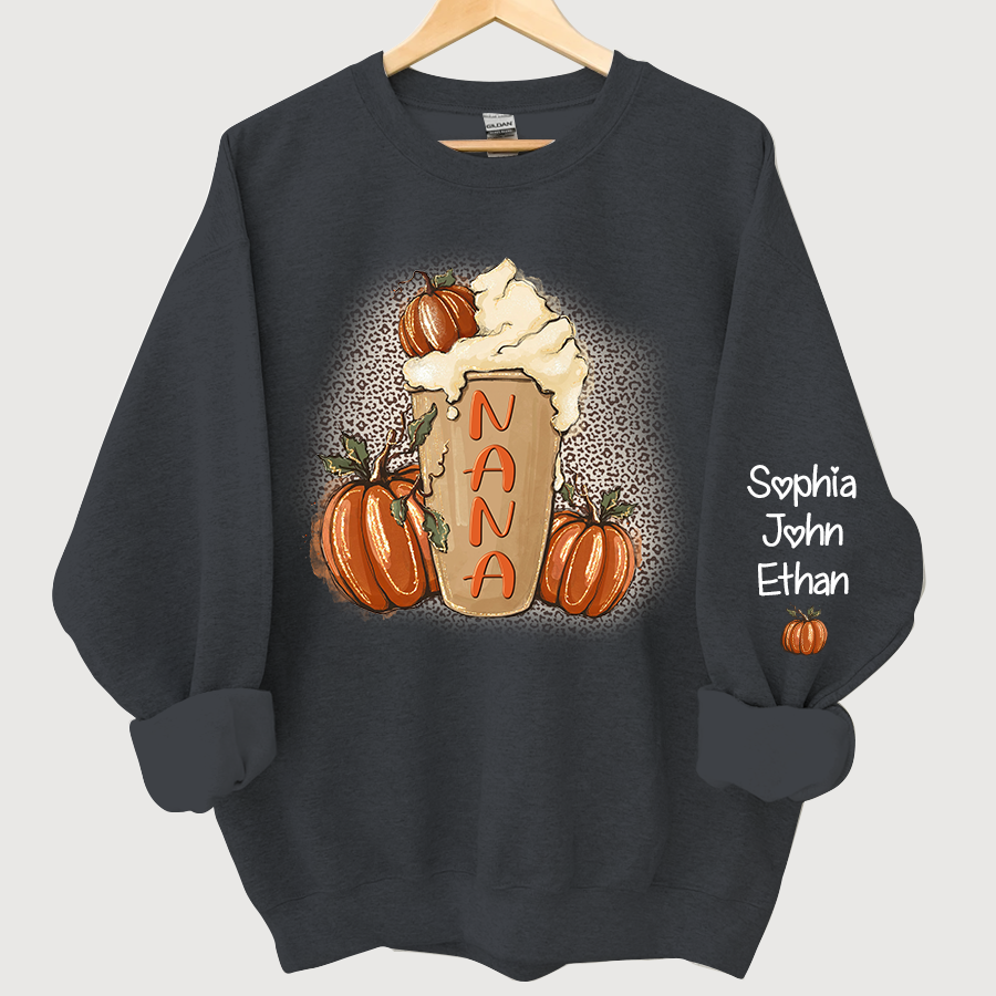 Personalized Nana Latte With Pumpkin Grandkids Fall Latte Coffie Sweatshirt