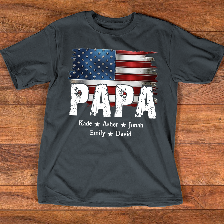 Personalized Papa Shirt Custom Kids Names Patriotic USA Flag, Custom Family Nickname for Dad Grandpa Birthday Father's Day Gift