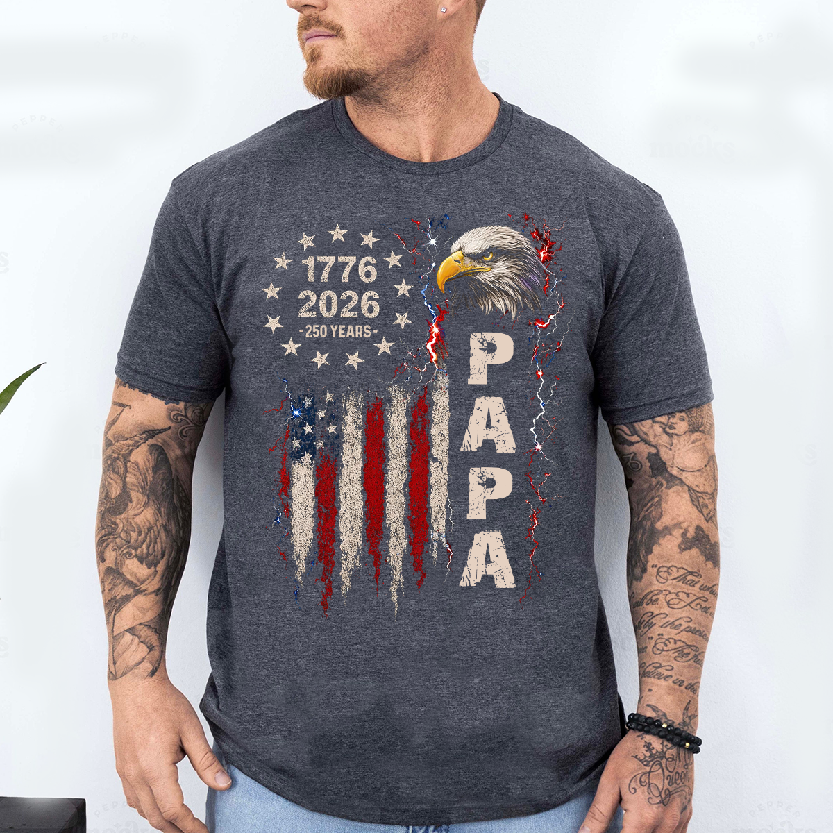 Personalized Papa Patriotic American Flag Shirt with Kids Names on Sleeve, Custom Grandpa Shirt, U.S. 250th Anniversary 250 Years of Freedom, Fathers Day Family Gift
