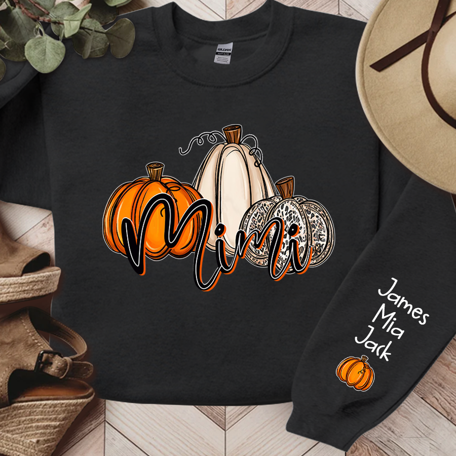 Personalized Mimi Sweatshirt With Grandkid Names On Sleeve, Custom Grandma Mimi Nana Pumpkins Autumn Sweatshirt