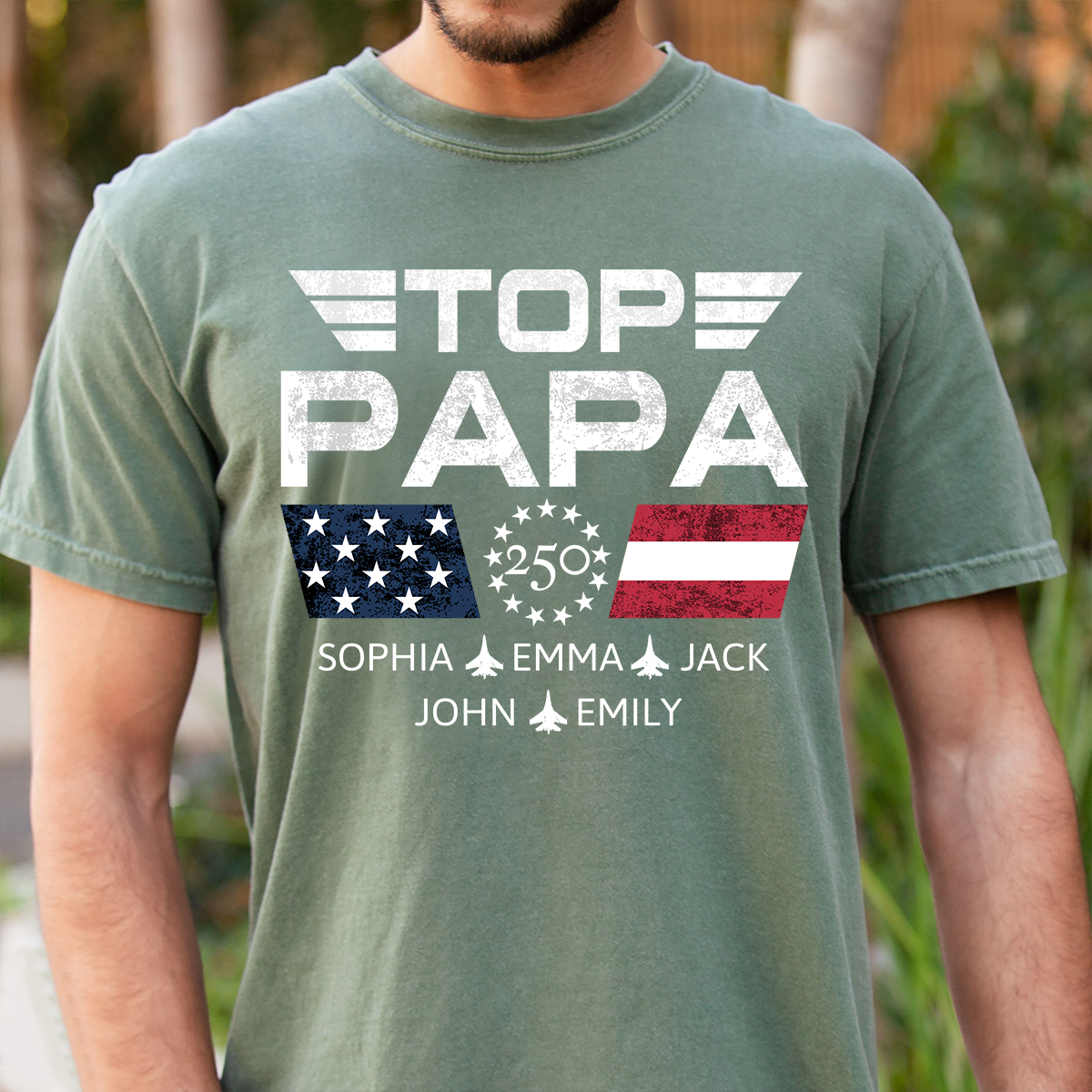 Personalized Top Papa Shirt with Custom Kids Names, Patriotic Airplane Grandpa T Shirt, U.S. 250th Anniversary Family Apparel for Fathers Day Birthday
