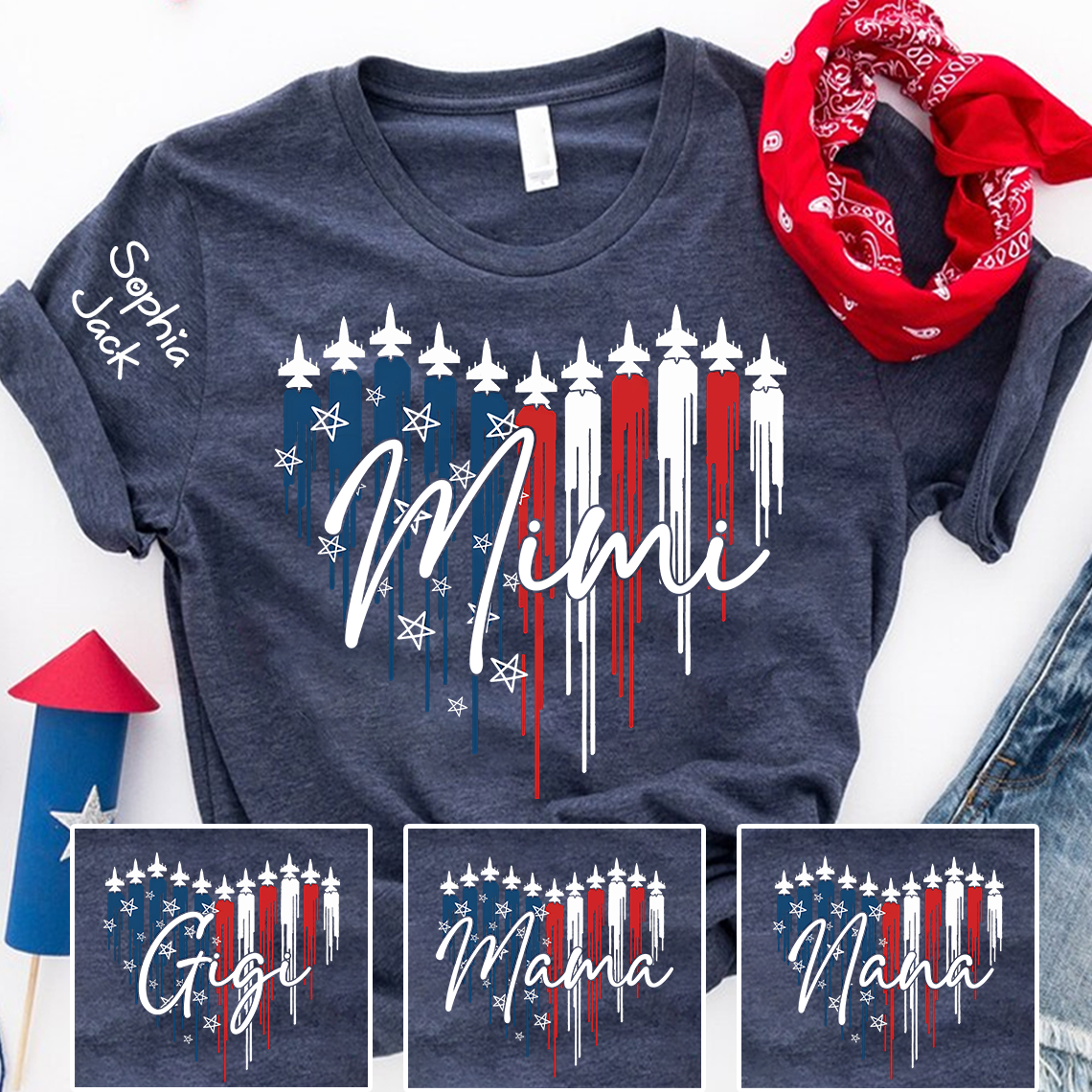 Personalized Mimi Patriotic Jet Heart USA Graphic Tee, Custom Family Nickname Shirt  for 4th of July, Gifts for Mother's Day, Birthday