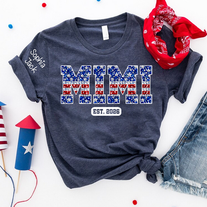 Mimi Faux Rhinestone Patriotic USA Flag Shirt Custom Nickname T-Shirt with Kids Names on Sleeve Est 2026 4th of July Mothers Day Family Matching Tee for Grandma Nana Gigi