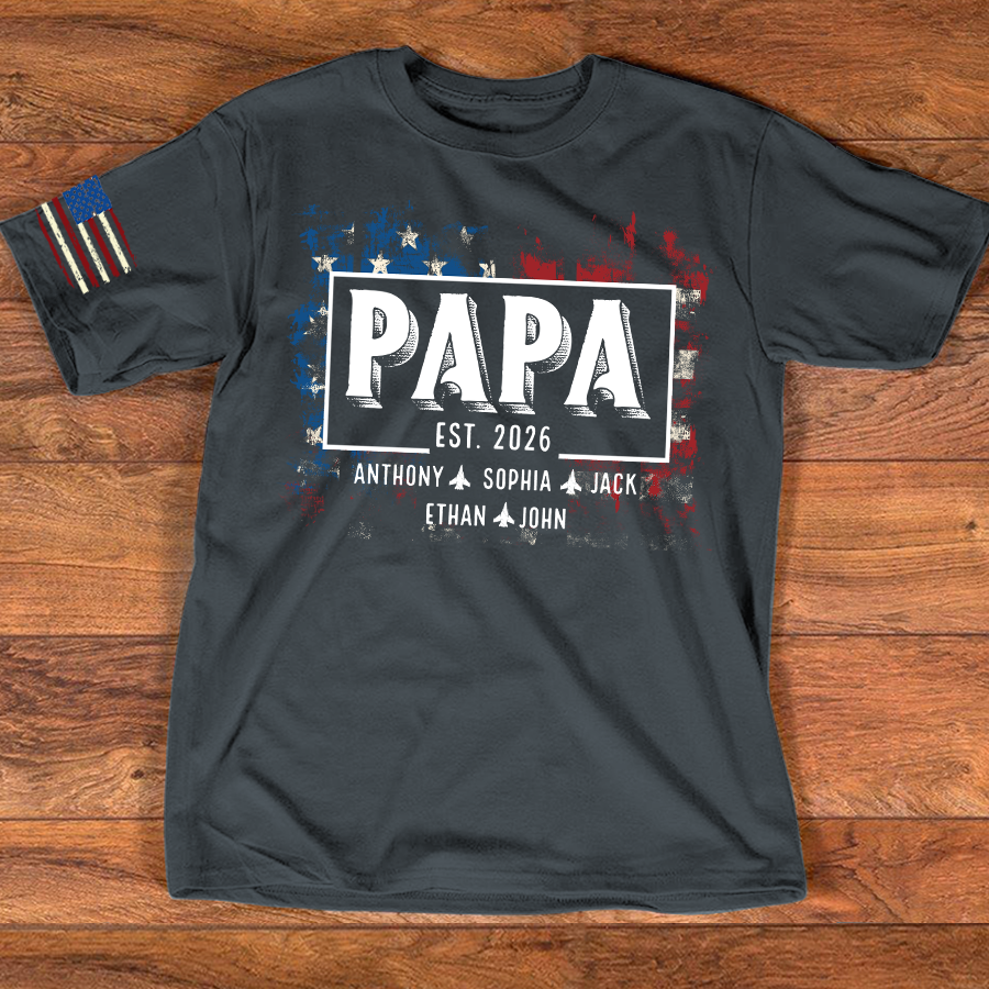 Personalized Papa EST Shirt Custom Kids Names Patriotic American Flag Design, First Time Dad Gift for Grandpa Father Birthday Fathers Day