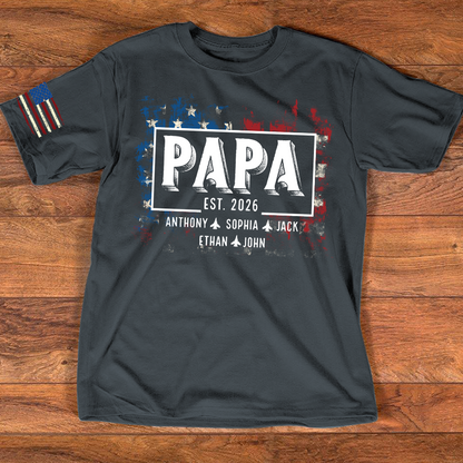 Personalized Papa EST Shirt Custom Kids Names Patriotic American Flag Design, First Time Dad Gift for Grandpa Father Birthday Fathers Day