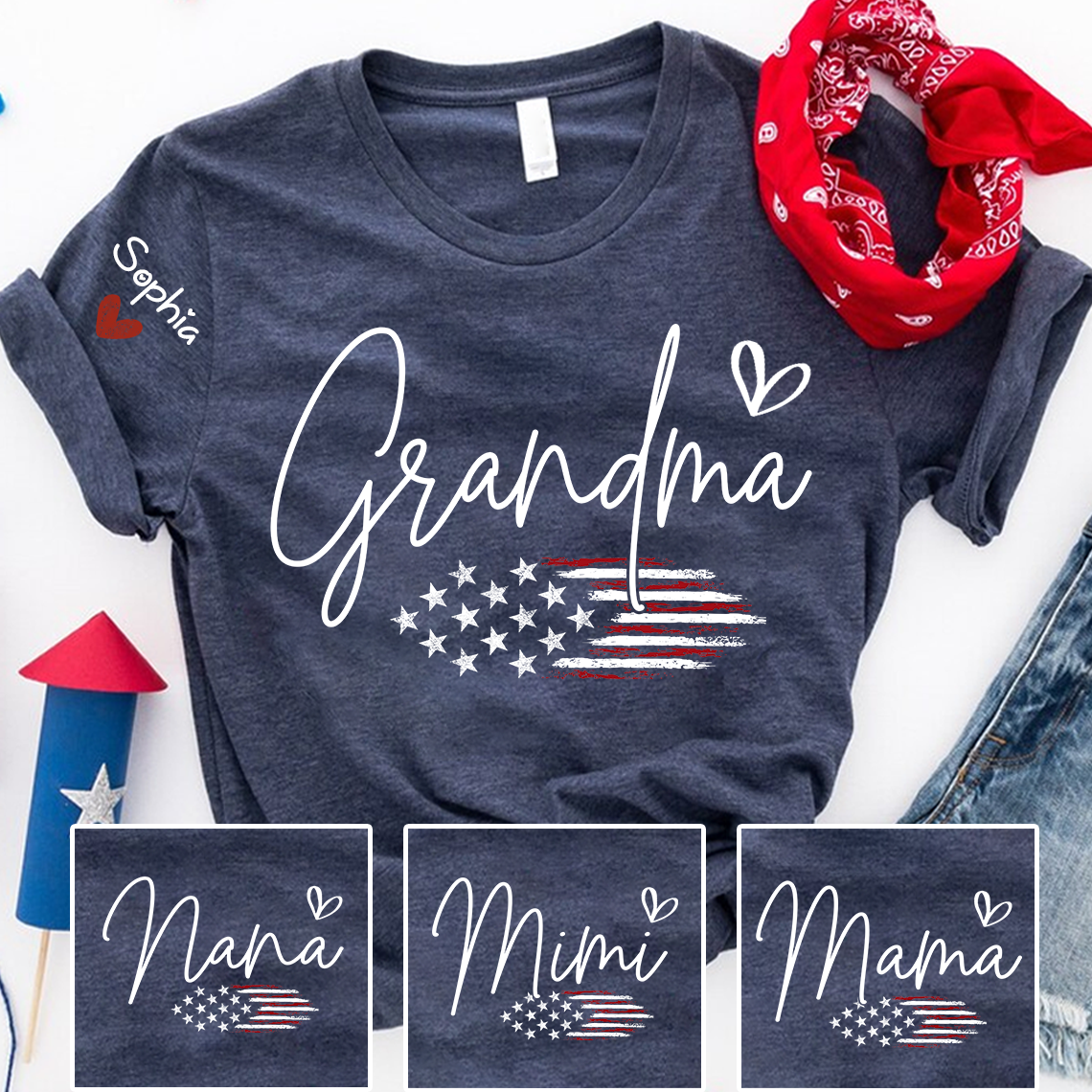Personalized Grandma American Flag T-Shirt, Custom Design with Name, Patriotic Family Shirt for 4th of July, Gifts for Mother's Day, Birthday