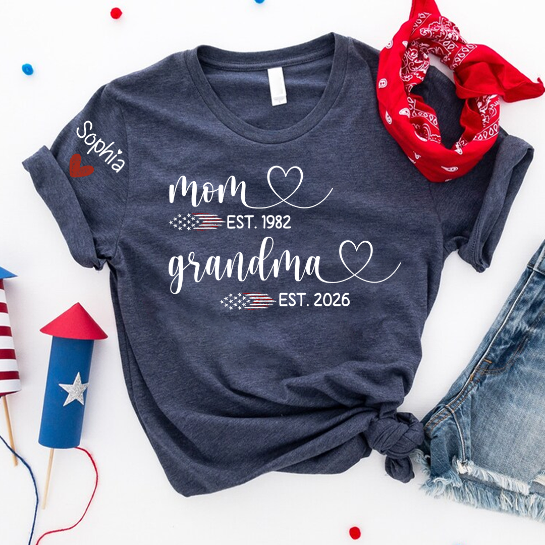 Personalized Mom & Grandma T-Shirt, Custom EST Year Design for Mom, Grandma, Mimi, Gigi, Nana, American Flag Hearts Graphic, Gifts for Mother's Day, 4th of July