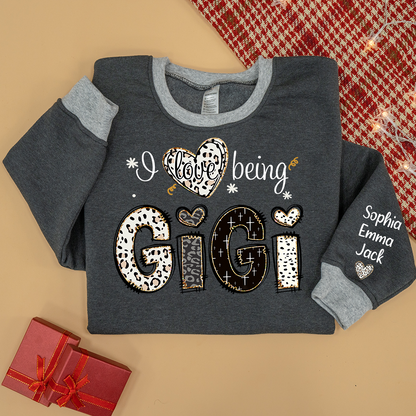 I love being Gigi Bible Style Gift For Grandma And Grandkids Names on Sleeve Sweatshirt Mix