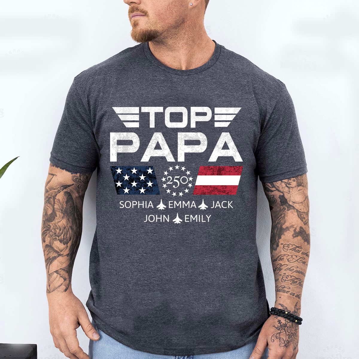 Personalized Top Papa Shirt with Custom Kids Names, Patriotic Airplane Grandpa T Shirt, U.S. 250th Anniversary Family Apparel for Fathers Day Birthday