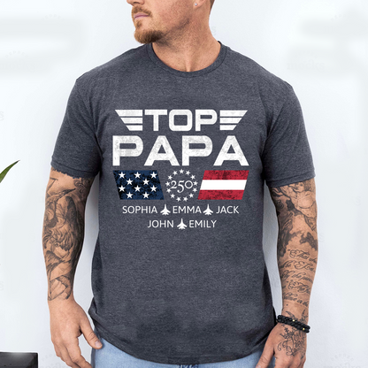 Personalized Top Papa Shirt with Custom Kids Names, Patriotic Airplane Grandpa T Shirt, U.S. 250th Anniversary Family Apparel for Fathers Day Birthday