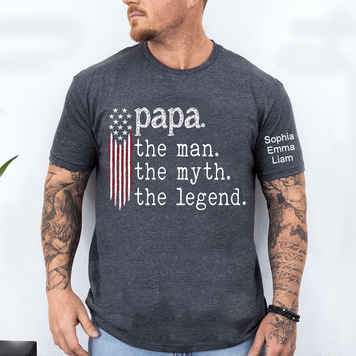 Personalized Papa The Man The Myth The Legend American Flag Shirt with Kids Names, Custom Family Nickname T-Shirt for Dad Fathers Day Gift