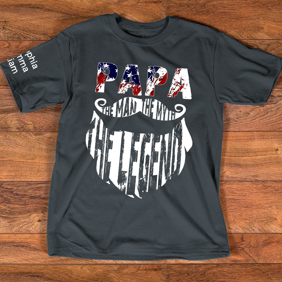 Papa The Man The Legend Shirt, Personalized Dad Grandpa Tee with Kids Names, Patriotic USA Flag Design T-Shirt for Father Birthday 4th of July