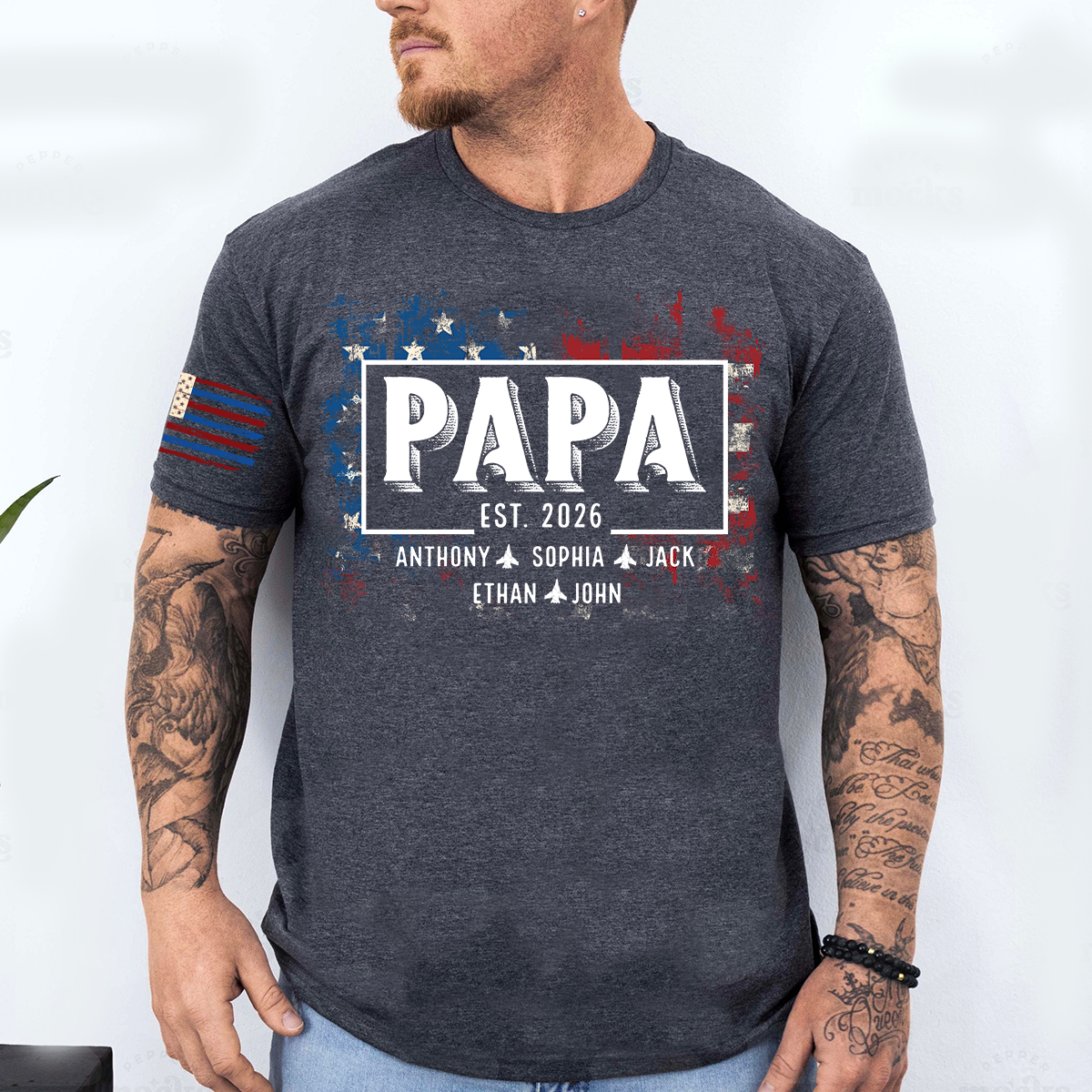 Personalized Papa EST Shirt Custom Kids Names Patriotic American Flag Design, First Time Dad Gift for Grandpa Father Birthday Fathers Day