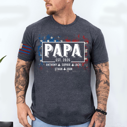 Personalized Papa EST Shirt Custom Kids Names Patriotic American Flag Design, First Time Dad Gift for Grandpa Father Birthday Fathers Day