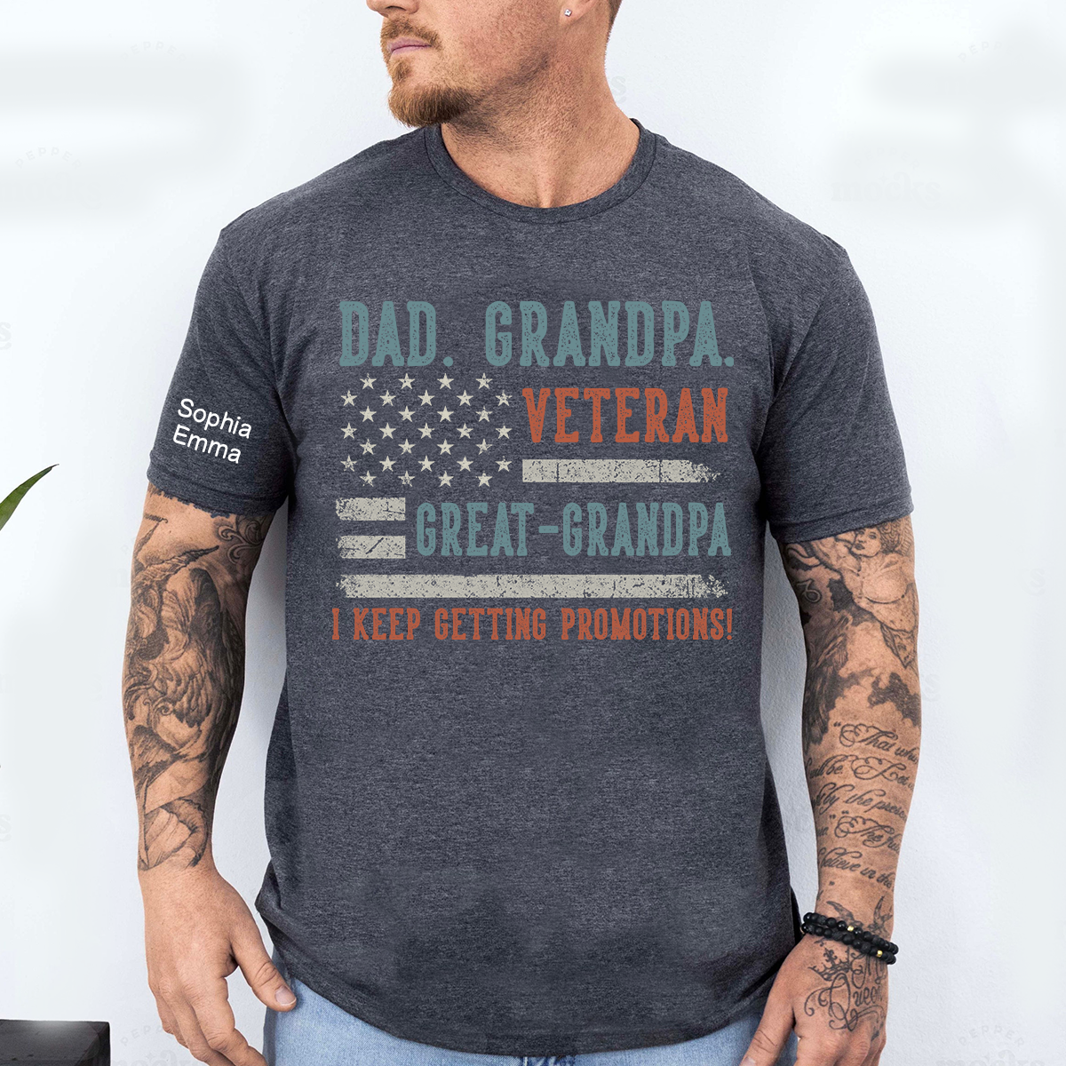 Personalized Dad Grandpa Veteran T-Shirt, Great-Grandpa Family Shirt with Patriotic American Flag Design, Fathers Day Birthday Gift, I Keep Getting Promotions Shirt