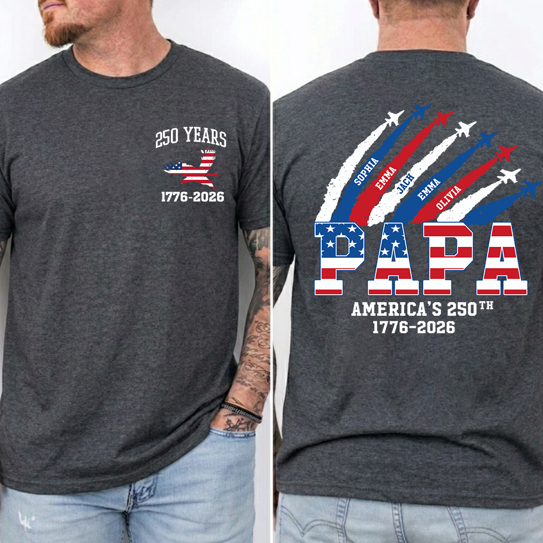 Personalized Papa 250 Years Shirt, Custom Kids Names Airplane Shirt, Patriotic American Flag Papa Tee, Grandpa Fathers Day Shirt, 4th of July Family Gift 1776 2026
