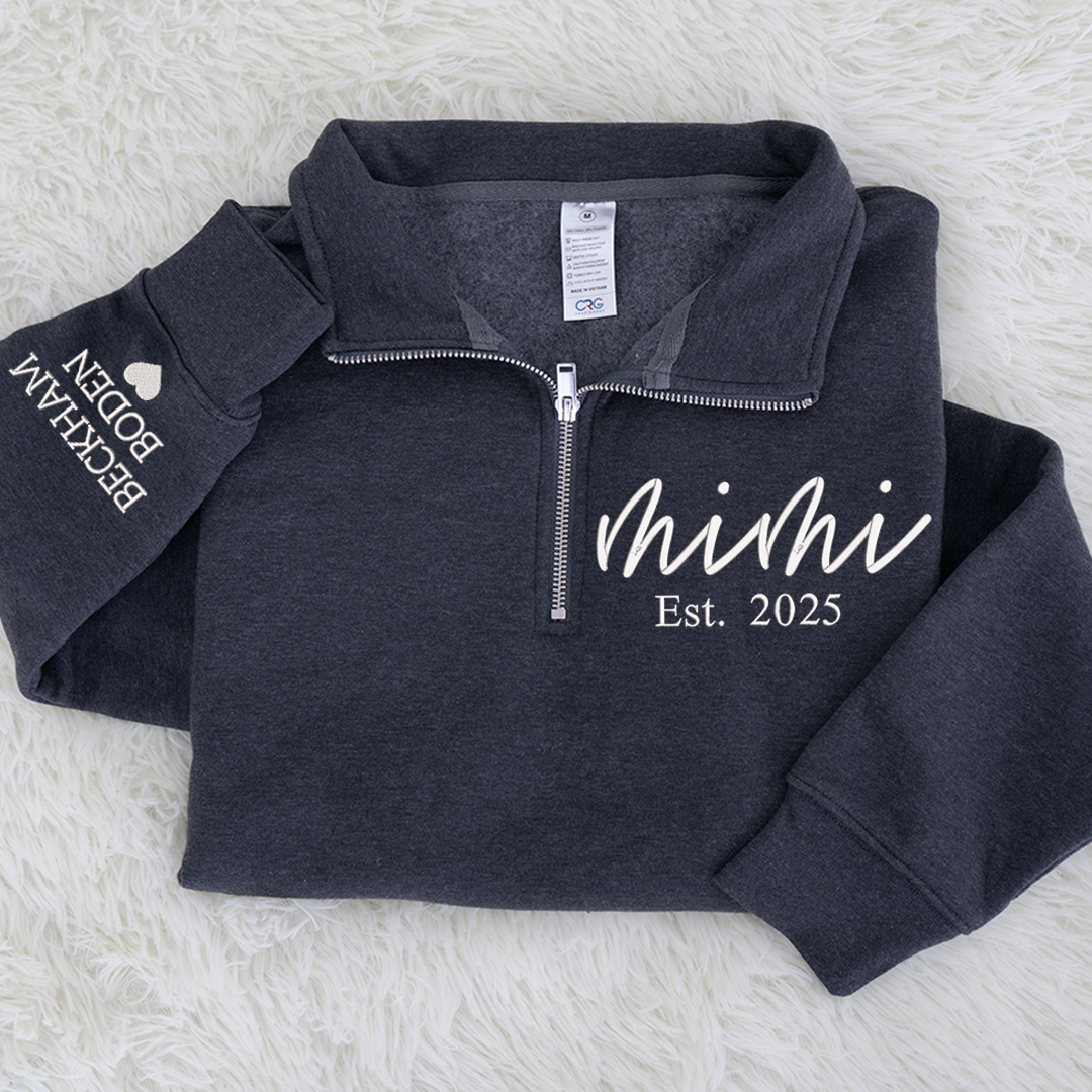 Mimi est Sweatshirt, Grandma And Grandkids Embroidered Quarter Zip Sweater