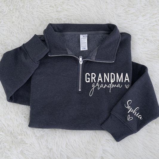 Grandma Heart Sweatshirt, Personalized Grandma And Grandkids Embroidered Quarter Zip Sweater