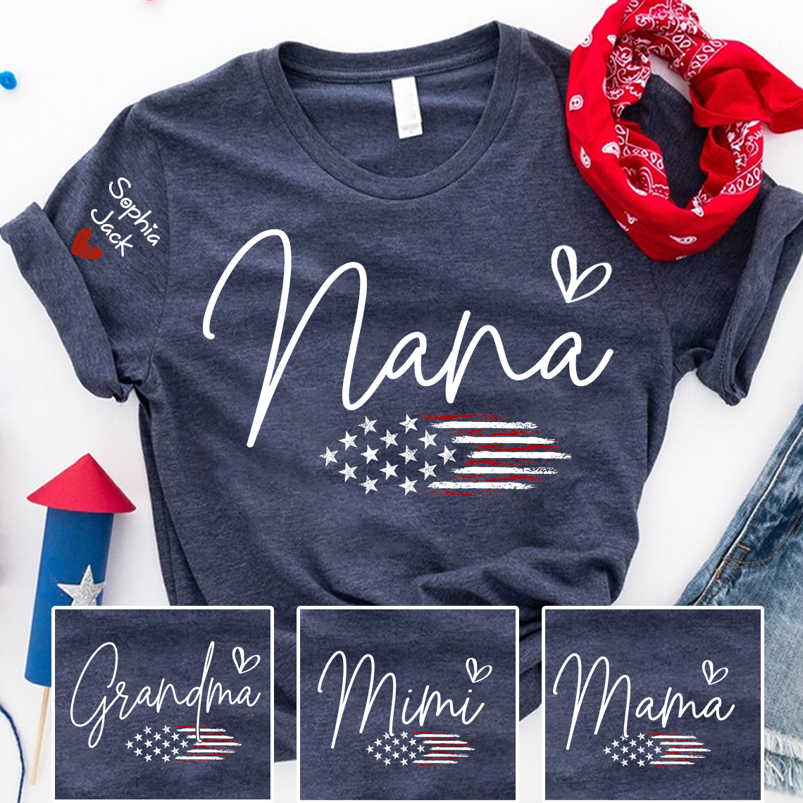 Personalized Nana American Flag T-Shirt, Custom Design with Name, Patriotic Family Shirt for 4th of July, Gifts for Mother's Day, Birthday