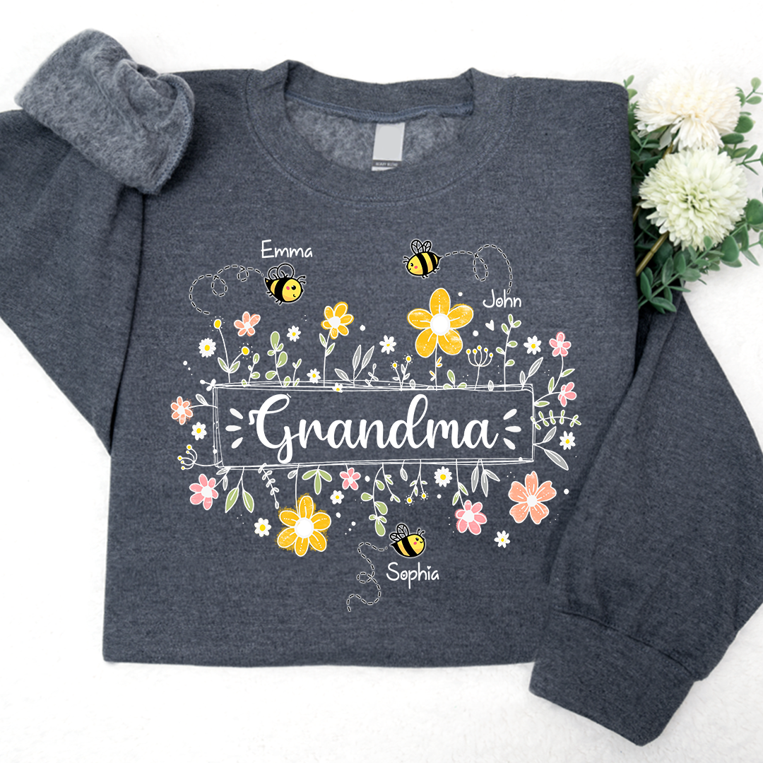 Personalized Grandma Bee Flower And Grandkids Sweatshirt