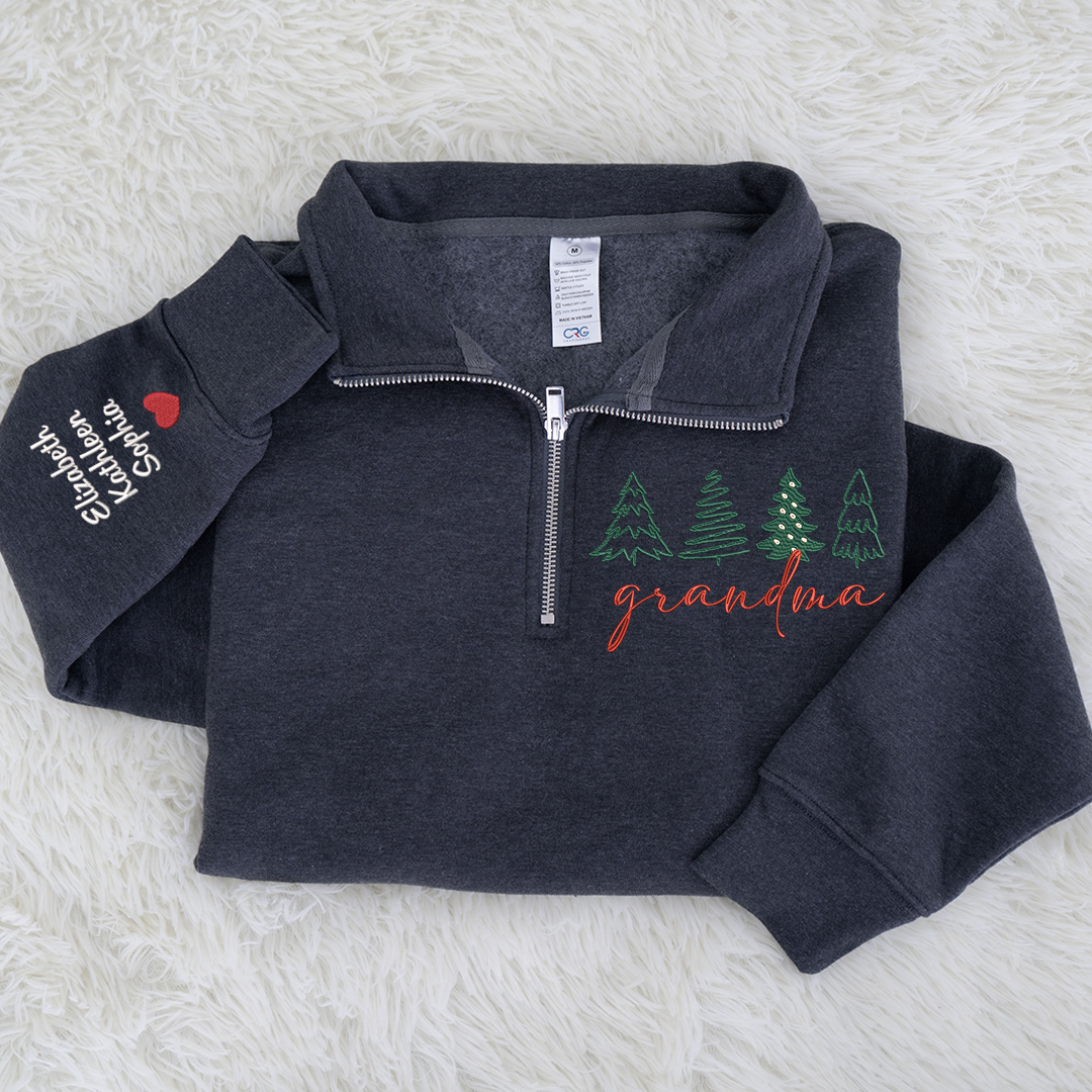 Grandma Tree Merry Christmas Sweatshirt, Grandma And Grandkids Embroidered Quarter Zip Sweater