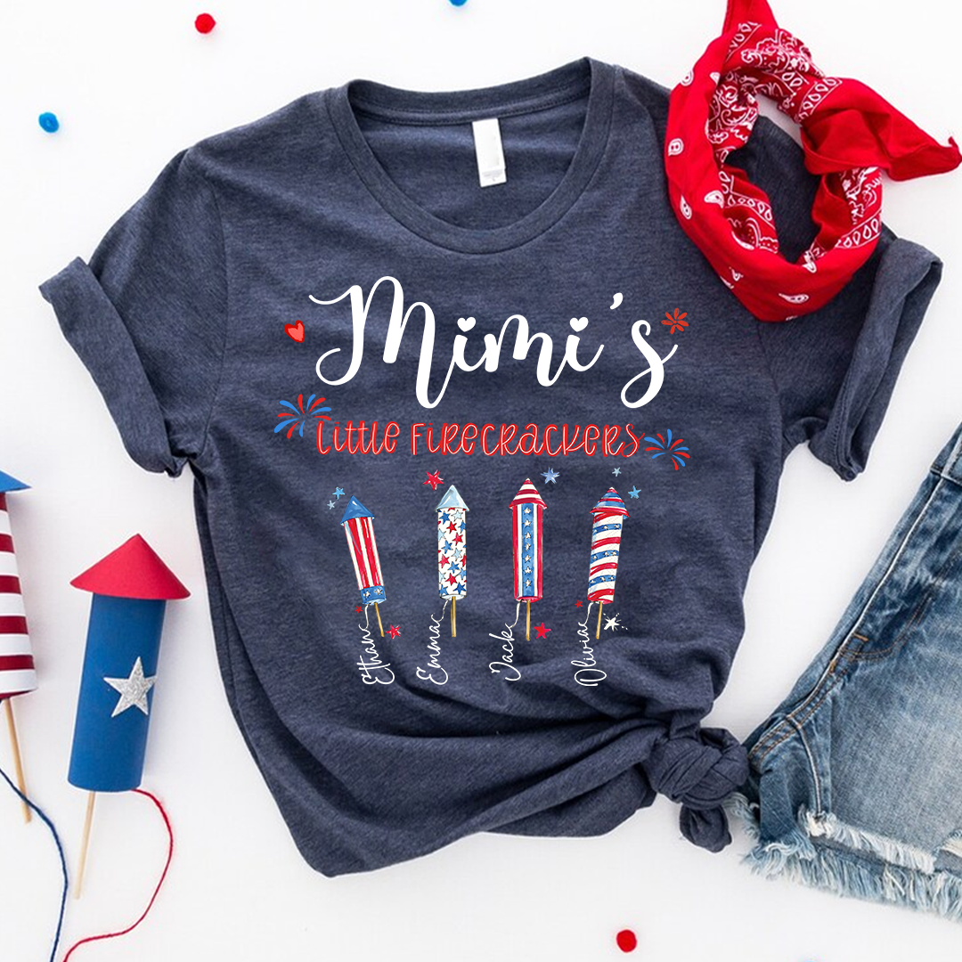 Personalized Mimi's Little Firecrackers T-shirt with Patriotic Fireworks Design, Grandma Gigi Mama Mimi Shirt for 4th of July, Patriotic Gift for Mother's Day